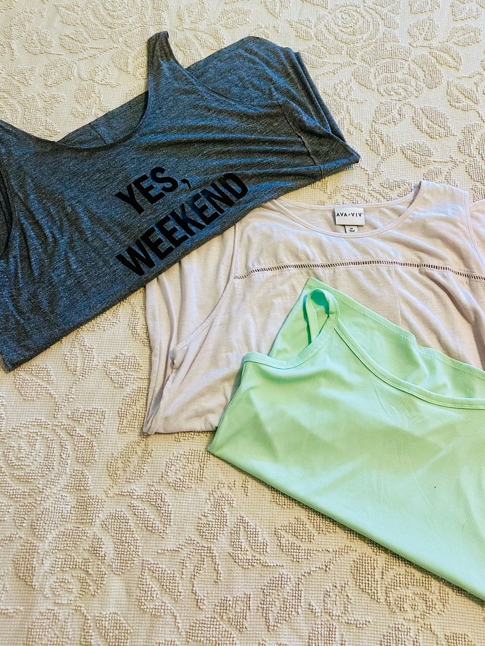 “YES WEEKEND” Tank+Beige Shark Bite Tank+Mint Skinny Strap Layering Tank TRIO 3X